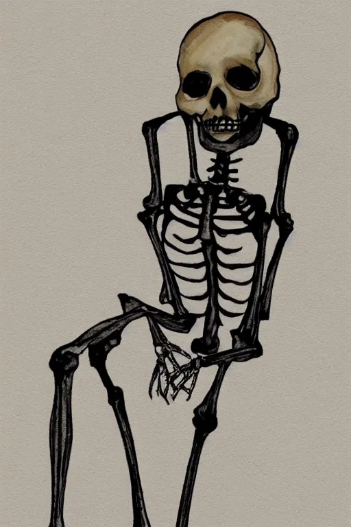 Image similar to The skeleton sits on a chair, in the style of Vince Locke