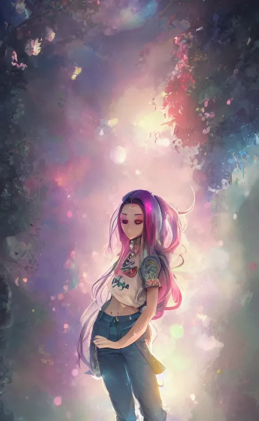 Image similar to a kawaii woman with rainbow hair, soft eyes and narrow chin, dainty figure, long hair straight down, kawaii shirt and jeans, basic white background, In style of by Jordan Grimmer and greg rutkowski, crisp lines and color