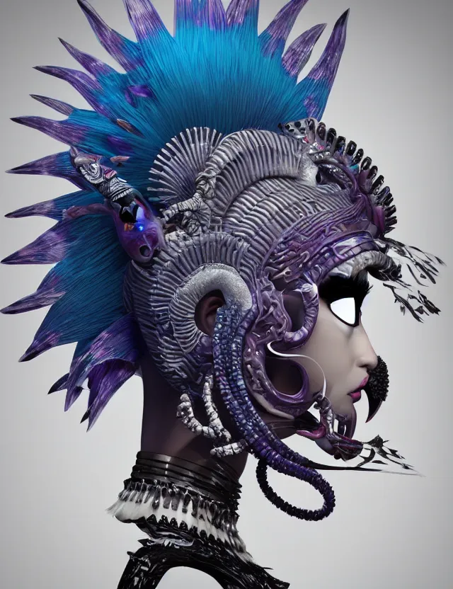 Image similar to 3 d goddess close - up profile portrait punk with mohawk with ram skull. beautiful intricately detailed japanese crow kitsune mask and clasical japanese kimono. betta fish, jellyfish phoenix, bio luminescent, plasma, ice, water, wind, creature, artwork by tooth wu and wlop and beeple and greg rutkowski