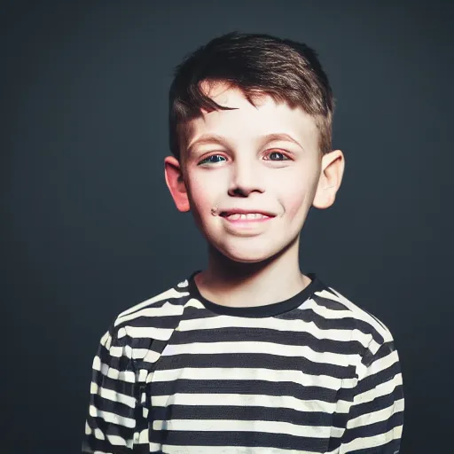 Image similar to closeup portrait of 8 year old boy, thick lips, hot pink skin, thin eyebrows, short light brown hair, facebook post, black background