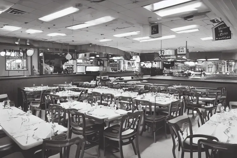 Prompt: 1 9 9 2 watermelon new jersey diner, tables repeat endlessly into the horizon, fruitcore, one point perspective, americana, restaurant interior photography, 5 5 mm