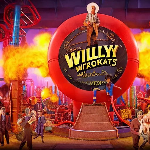 Image similar to willy wonkas chocolate factory set in hell epic scene, redshift render, cgi, hyper - detailed, photo - bash, 8 k post - production, masterpiece