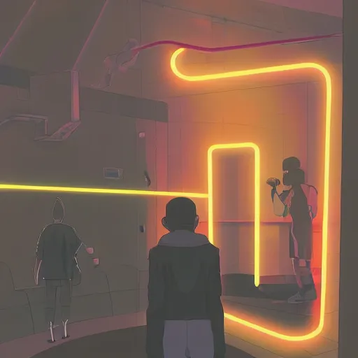 Prompt: low light museum, sparse room, black walls, dark lighting, oled lights in corners, soft neon lights, dark showroom, cel - shading, 2 0 0 1 anime, flcl, jet set radio future, the world ends with you, kid a, cel - shaded, strong shadows, vivid hues, y 2 k aesthetic, art by artgerm