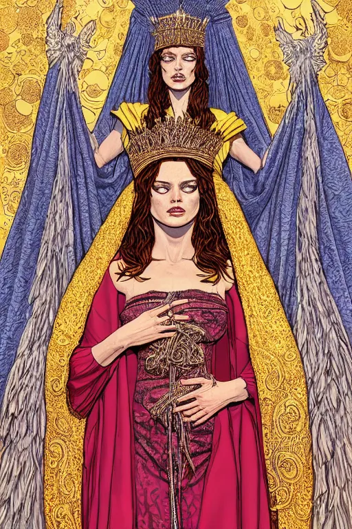 Prompt: Portrait of historically accurate, ancient biblical, sultry, sneering, evil, pagan, wicked, queen jezebel, wearing gilded robes, long hair, intricate, elegant, highly detailed, masterpiece, illustration, art by Jean Giraud, highly detailed, trending on artstation, award winning