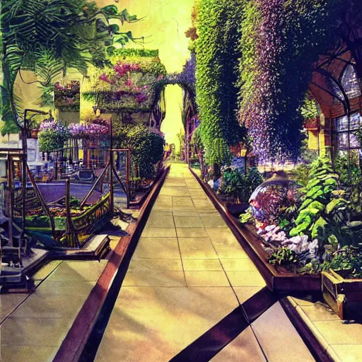 Image similar to steampunk walkway garden geometric hyper realism airbush digital art detailed by john berkey, paul lehr, syd mead, m. c. escher, james christensen, wlop, artgerm, frank gehry