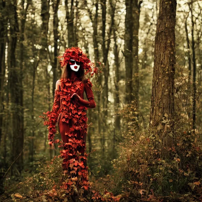 Prompt: a woman with a mask made of red ivy standing in a forest, golden hour, vogue magazine