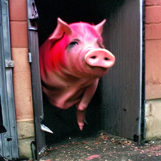 Image similar to creppy 2 0 0 3 photo of a pig masked man screaming in a dark red slaughterhouse