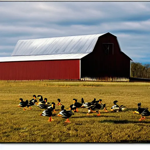 Prompt: many ducks running out of a barn at high speed realistic photograph