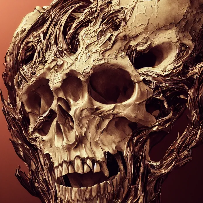 Image similar to portrait of a melting skull. razor sharp teeth. intricate abstract. intricate artwork. by Tooth Wu, wlop, beeple, dan mumford. octane render, trending on artstation, greg rutkowski very coherent symmetrical artwork. cinematic, hyper realism, high detail, octane render, 8k, iridescent accents