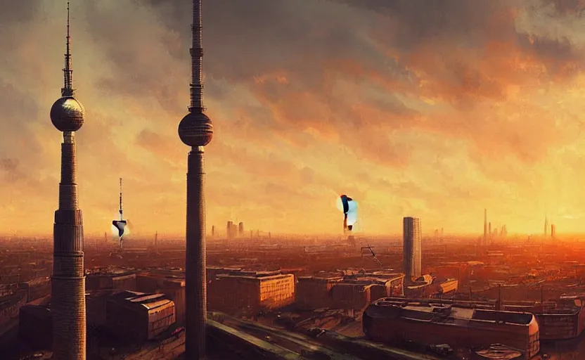 Image similar to painting of skyline of berlin with television tower at sunset, natural light, concept art, by greg rutkowski, cozy atmospheric and cinematic lighting