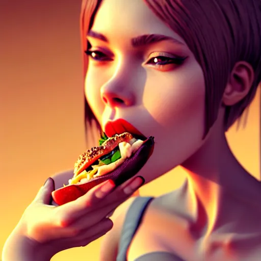 Image similar to girl, eating, good food, happy, slim, stylized, artstation, hd, cgsociety, cgi, realistic, dramatic, cinematic, artistic, trending, detailed