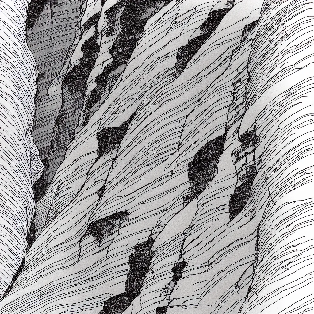 Image similar to slot canyons by moebius, minimalist ink drawing with long lines