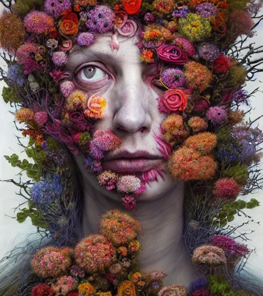 Image similar to portrait, stranger psycho, covered in flowers, horror, by michael page, alyssa monks, julie heffernan, glenn brown, naoto hattori, brian froud, nicola samori, paolo roversi, kilart, 8 k, hyper detailed, hyper realism, acrylic paint, surrealism.