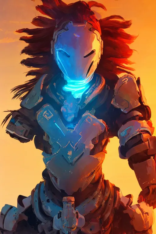 Image similar to combination suit armor aloy horizon forbidden west horizon zero dawn radiating a glowing aura global illumination ray tracing hdr fanart arstation by ian pesty and alena aenami artworks in 4 k tribal robot ninja mask helmet backpack