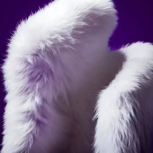 Image similar to a photo of a white fur monster standing in a purple room