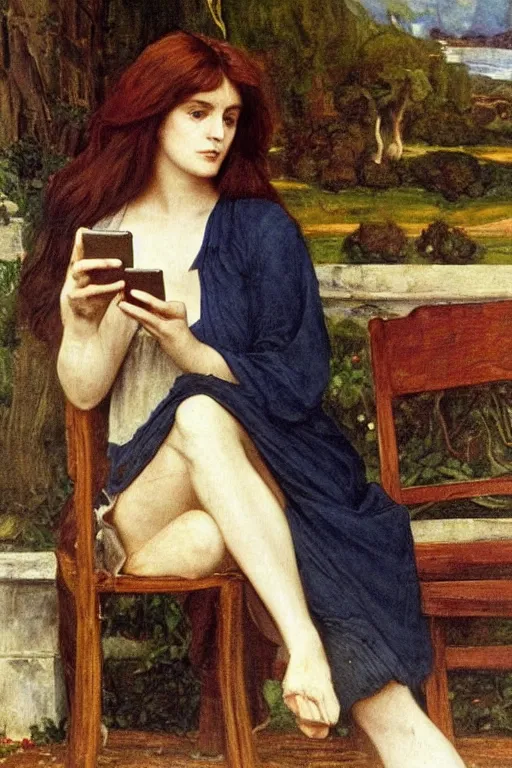 Image similar to a pre raphaelite painting of claudine longet, bored, looking at her iphone by dante gabriel rossett