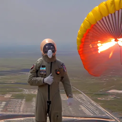 Image similar to a film still of a jet pilot wearing a flight suit and gas mask, attached to a parachute, in the sky, 8k
