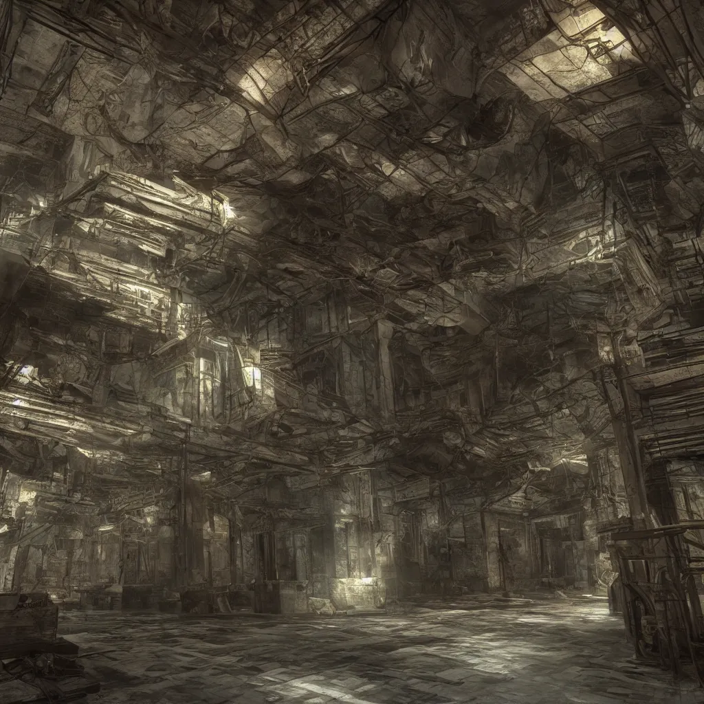 Image similar to interior mazelike architecture from quake, lovecraftian, liminal space, moody lighting, unreal engine 5, hyper detailed, hyper realistic