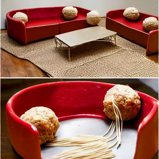 Image similar to spaghetti and meatballs shaped into a living room set