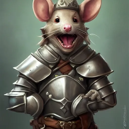 Image similar to cute little anthropomorphic Rat wearing Knight armor, ultra wide lens shot , tiny, small, short, cute and adorable, pretty, beautiful, DnD character art portrait, matte fantasy painting, DeviantArt Artstation, by Jason Felix by Steve Argyle by Tyler Jacobson by Peter Mohrbacher, cinematic lighting