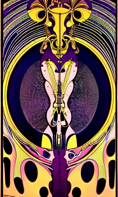 Prompt: psychedelic interdimensional futuristic musical instruments, aubrey beardsley, alphonse mucha, Charles Gesmar, winold reiss, erte, paul laffoley, leonardo da vinci, philippe druillet, roger dean