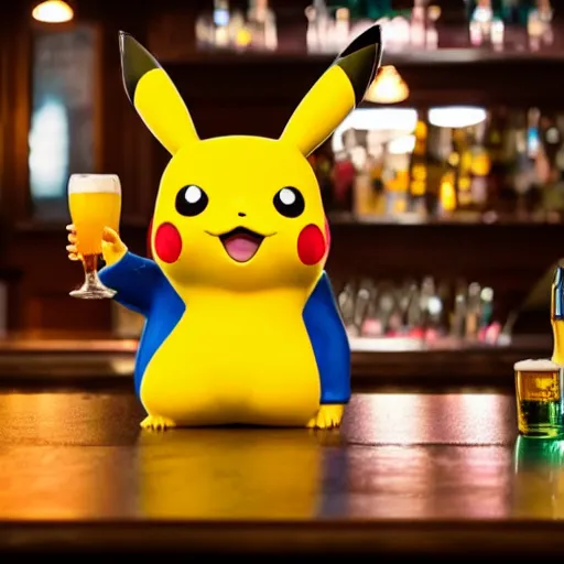 Prompt: pikachu sitting at the bar top of an Irish pub drinking beer