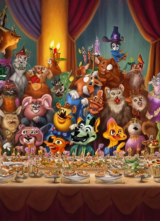 Image similar to highly detailed group closeup portrait of max fleischer cartoon animals having a birthday party banquet in a castle, unreal engine, max fleischer, nicoletta ceccoli, mark ryden, earl norem, lostfish, global illumination, god rays, detailed and intricate environment