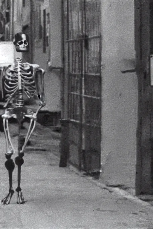 Image similar to still from vhs! footage of skeleton nerve!! cryptid! walking down street