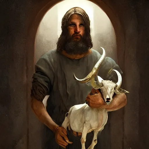 Image similar to man with goat horns holding an animal skull, style of da vinci, fantasy illustration, by greg rutkowski