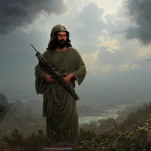 Image similar to an extremely detailed matte painting of a ridiculously good looking jesus that looks like a jewish gigachad in the vietnam war, ballistic helmet that says'born to save ', long curly hair, camouflaged gear, very detailed, jungles of vietnam beautiful, intricate, cinematic, artstation, william bouguereau, alphonse mucha, greg rutkowski, octane render