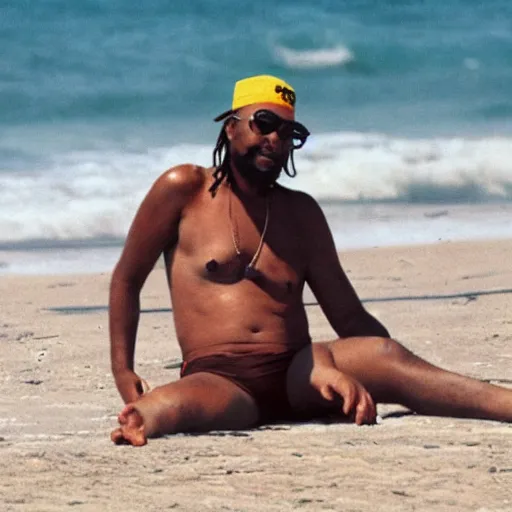 Image similar to rastafarian donald trump lounging on the beach.