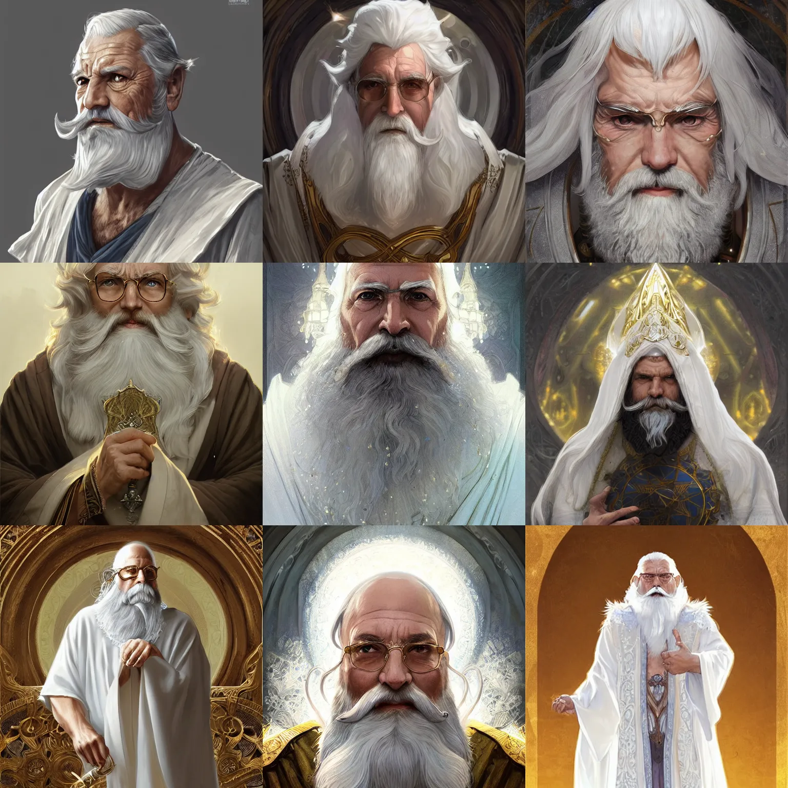Prompt: elderly male archmage, white and gold robes, white beard, D&D, fantasy, intricate, elegant, highly detailed, digital painting, artstation, concept art, smooth, sharp focus, illustration, art by artgerm and greg rutkowski and alphonse mucha