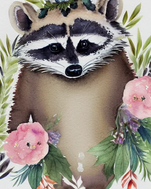 Prompt: a very detailed watercolor portrait of a cute raccoon with a crown of flowers on its head, muted colors, white paper background, watercolor on paper