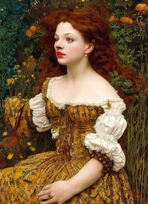 Prompt: masterpiece of intricately detailed preraphaelite photography portrait hybrid of judy garland aged 3 0 and a hybrid of rhianna and amanda seyfried, sat down in train aile, inside a beautiful underwater train to atlantis, betty page fringe, medieval dress yellow ochre, by william morris ford madox brown william powell frith frederic leighton john william waterhouse hildebrandt