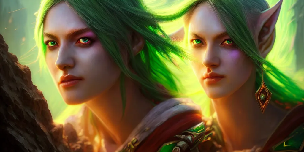 Image similar to ( ( ( ( ( hyperrealist distant portrait of sylvanas windrunner on a emerald planet where it rains colors. ) ) ) ) ) by bayard wu, fantasy, photorealistic, octane render, unreal engine, dynamic lighting, trending on artstation, poster, volumetric lighting, very detailed faces, 4 k, award winning