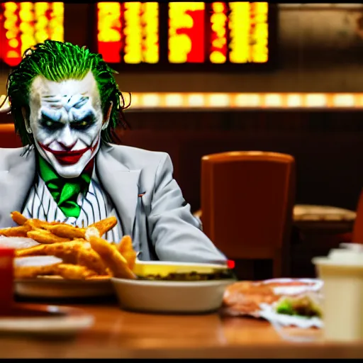 Image similar to cinematic shot of the joker sitting at a table in a popeyes restaurant and eating chicken tenders, 8 k, very detailed, very intricate,