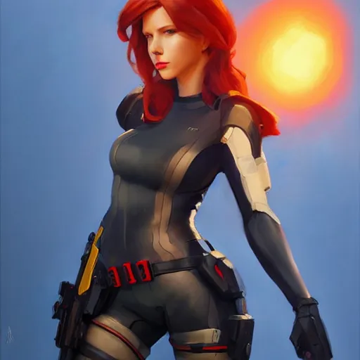 Image similar to greg manchess portrait painting of black widow as overwatch character, medium shot, asymmetrical, profile picture, organic painting, sunny day, matte painting, bold shapes, hard edges, street art, trending on artstation, by huang guangjian and gil elvgren and sachin teng