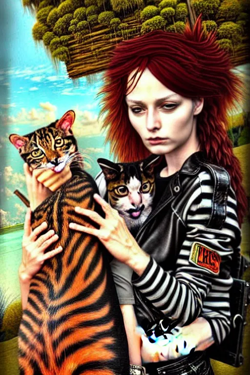 Image similar to punk rock girls making selfie with cats in jungle , mad max jacket, post apocalyptic, renaissance, oil painting like Leonardo Da Vinci, hyper realistic style, fantasy by Olga Fedorova