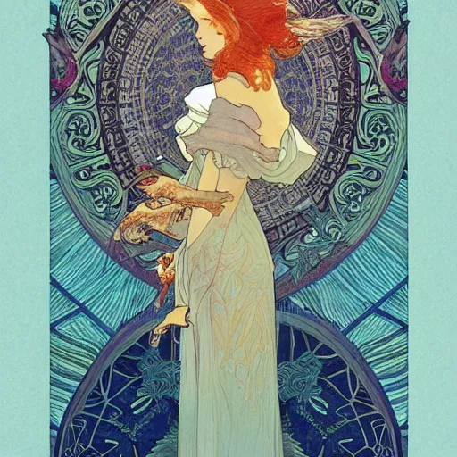 Image similar to a beautiful intricate watercolor illustration of a princess with birds 4 k, ultra - wide angle, by william turner, by victo ngai, by alphonse mucha, by moebius, by gustave dore, hd, trending on artstation, hyper detailed, muted intense colors