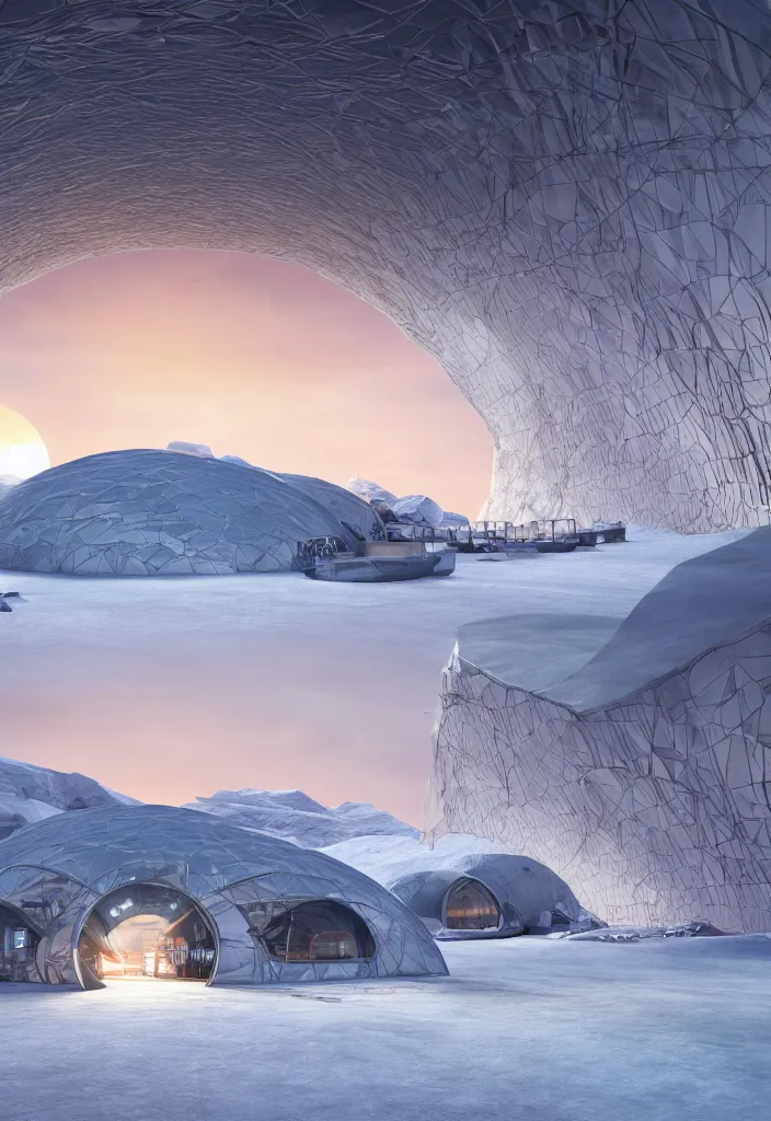 Image similar to Multiple tunnels in antartica with a transparent roof that shows a beautiful sunset, multiple people in the tunnels around campfires and futuristic igloos, facinating, fantasy digital art, octane render, beautiful composition, trending on artstation, award-winning photograph, masterpiece