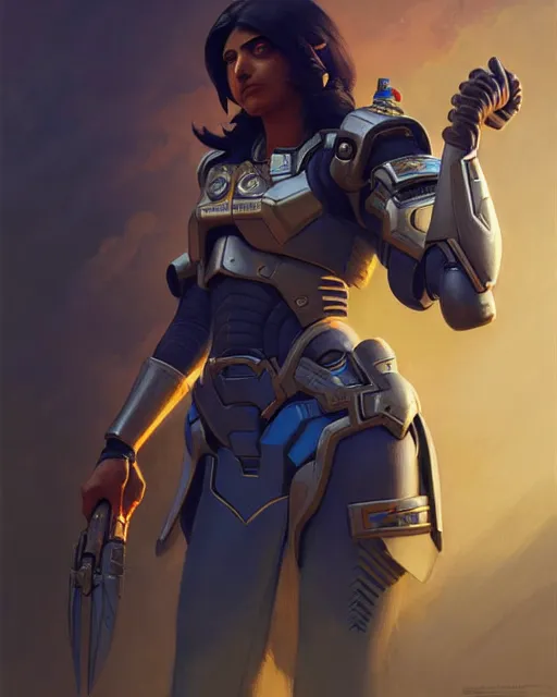 Image similar to pharah from overwatch, character portrait, concept art, intricate details, highly detailed by greg rutkowski, michael whelan and gustave dore