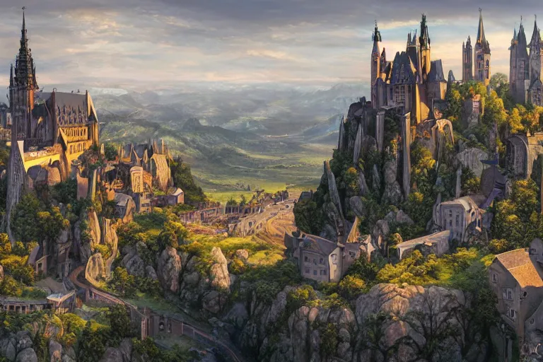Image similar to an ultra detailed matte landscape painting of an german medieval capital city built into the side of a mountain, gothic architecture, sweeping vista, a large highway leading to tiny coastal fishing village very far away, ultrawide lens, aerial photography, 8 k, volumetric lighting, smooth, highly detailed, digital illustration, art by greg rutkowski and akira toriyama and artgerm