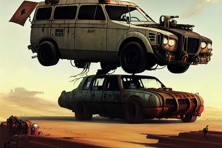 Prompt: dieselpunk mad max's 4 wd honda e kei van : : speeding over the horizon : : painted by greg rutkowski makoto shinkai takashi takeuchi studio ghibli, akihiko yoshida