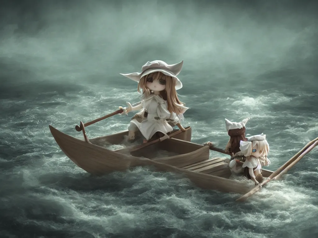 Image similar to cute fumo plush girl witch rowing a small boat through murky river water, river styx, otherworldly chibi gothic horror wraith maiden, lost in the milky void, hazy heavy swirling murky volumetric fog and smoke, moonglow, lens flare, vray