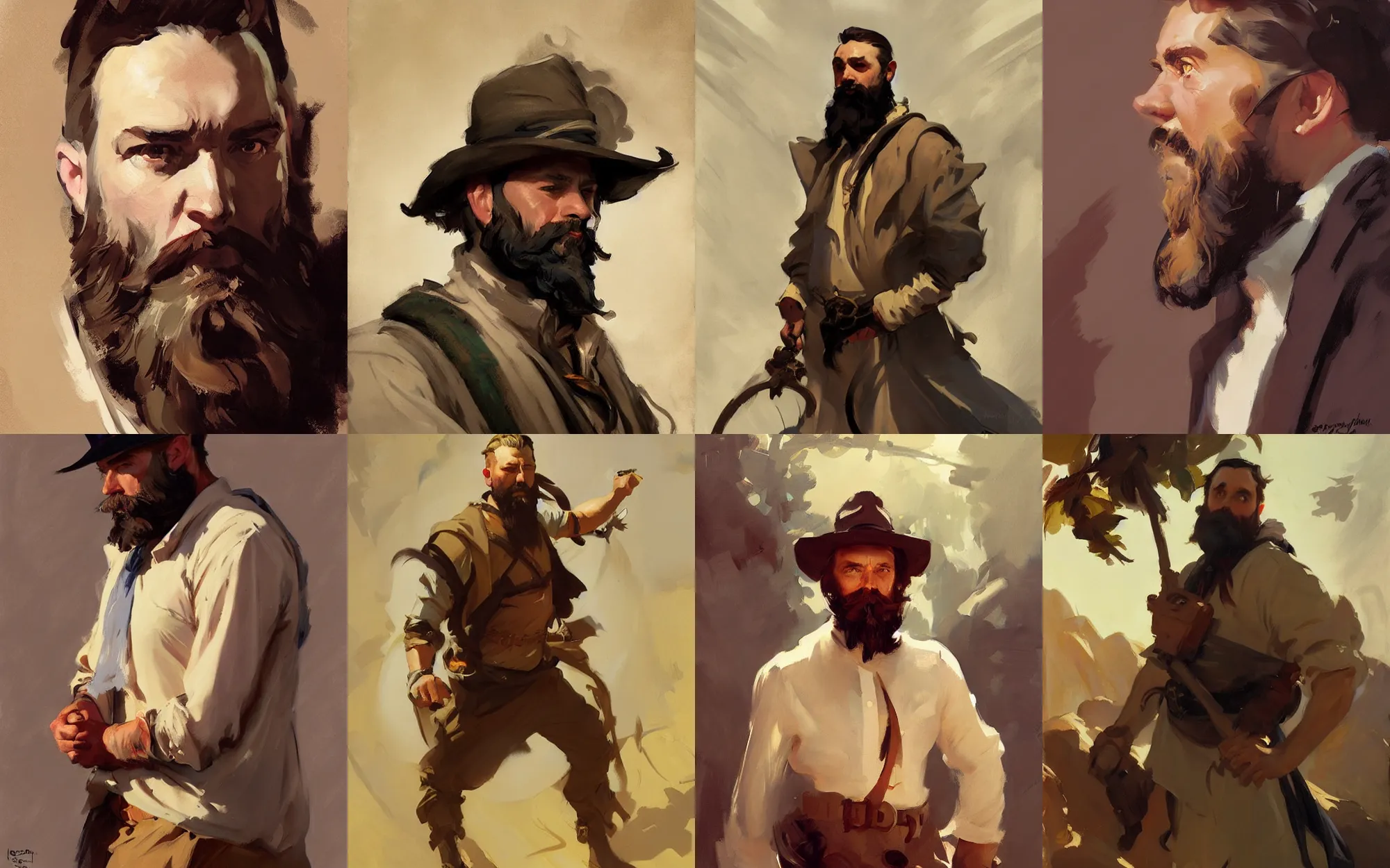 Prompt: portrait of bearded man traveler greg manchess painting by by sargent and leyendecker, d & d, fantasy, medium shot, asymmetrical, intricate, elegant, matte painting, illustration, hearthstone, by greg rutkowski, by greg tocchini, by james gilleard, by joe fenton