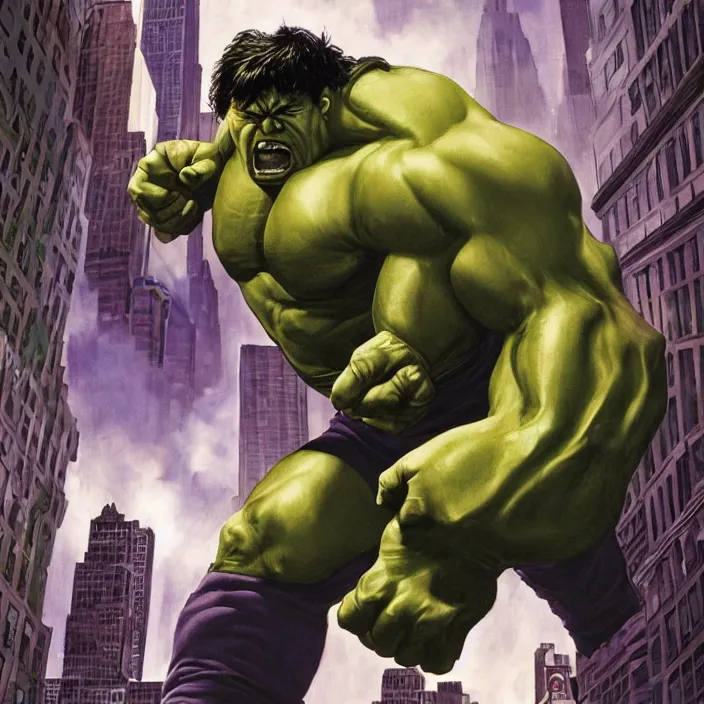 Image similar to a portrait of the incredible hulk looking angry in new york city by joe jusko, simone bianchi and alex ross dramatic lighting.