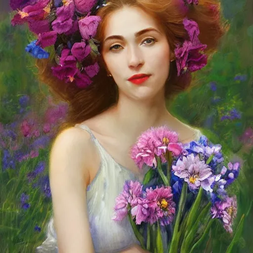 Image similar to a portrait of a romantic woman with flowers grow out of hair, roses peonies forget-me-nots dahlias lupins gladioli, sky theme in background, by Alexandr Averin, Digital Art, Trending on artstation