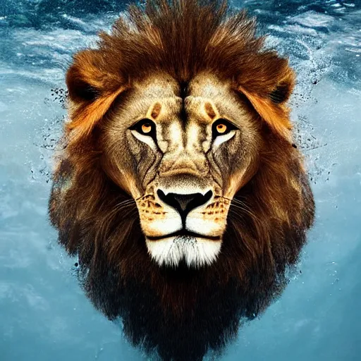 Image similar to a male lion's face breaching through a wall of water, headshot, water sprites, splashing, deep blue ocean, highly detailed, realistic digital art, trending on artstation