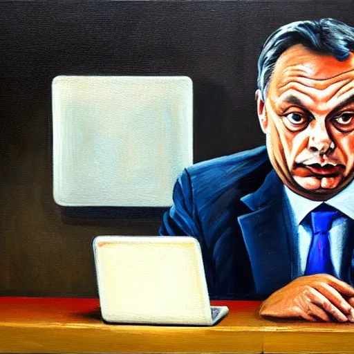 Image similar to viktor orban tiktok on his phone in a cubicle, oil painting