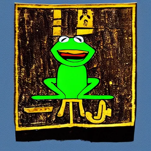 Image similar to kermit as an ancient egyptian hieroglyph, colorized